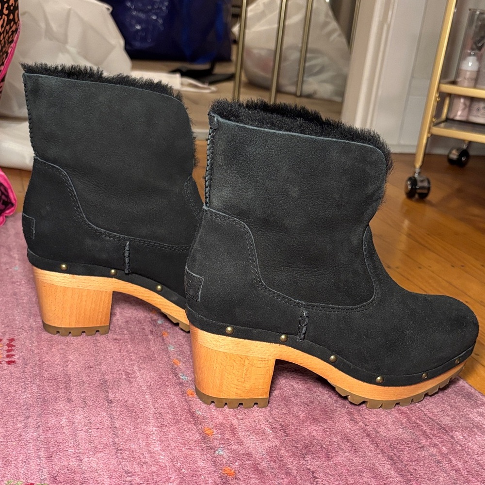 Ugg Thebes Black Suede Ankle Boots with Wooden Heel